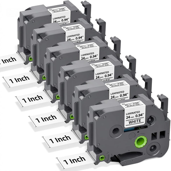 Brother P‑touch TZe‑251 Compatible 24mm White Laminated Label Tape – Black on White, 6 Rolls x 8m, for PT‑D600/PT‑P710BT/PT‑P750W