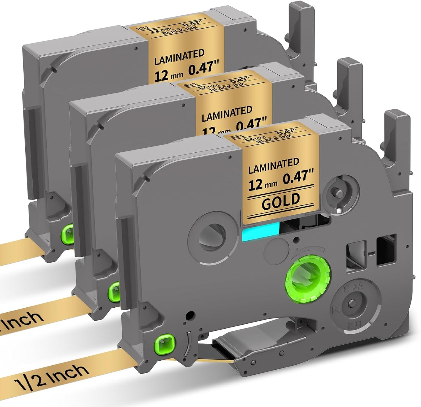Brother P‑touch TZe‑831 Compatible 12mm Gold Laminated Label Tape – Black on Gold, 3 Rolls x 8m, for PT‑D210/PT‑D400/PT‑P750W