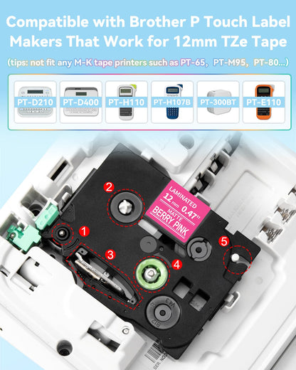 Compatible Brother P-Touch 12mm TZe label tape installation diagram, color label ribbon cartridge inside label printer