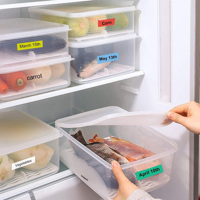COLORTY waterproof label tape refrigerator food storage application, color coded date tags on plastic fridge containers for fish, vegetable & meat fresh keeping tracking