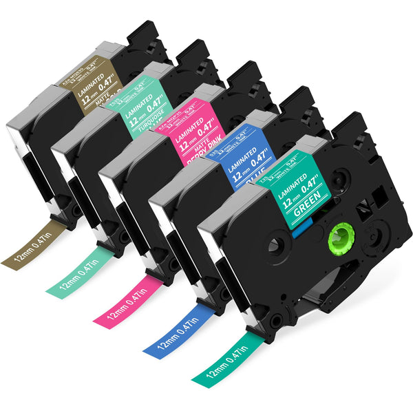Compatible Replacement for Brother TZe-T535 12mm Color Label Tape Set – 5 Assorted Colors (Turquoise Blue/Berry Pink/Blue/Green/Satin Gold) with White Text, Laminated & Durable, for PT‑D210/PT‑D400/PT‑P750W
