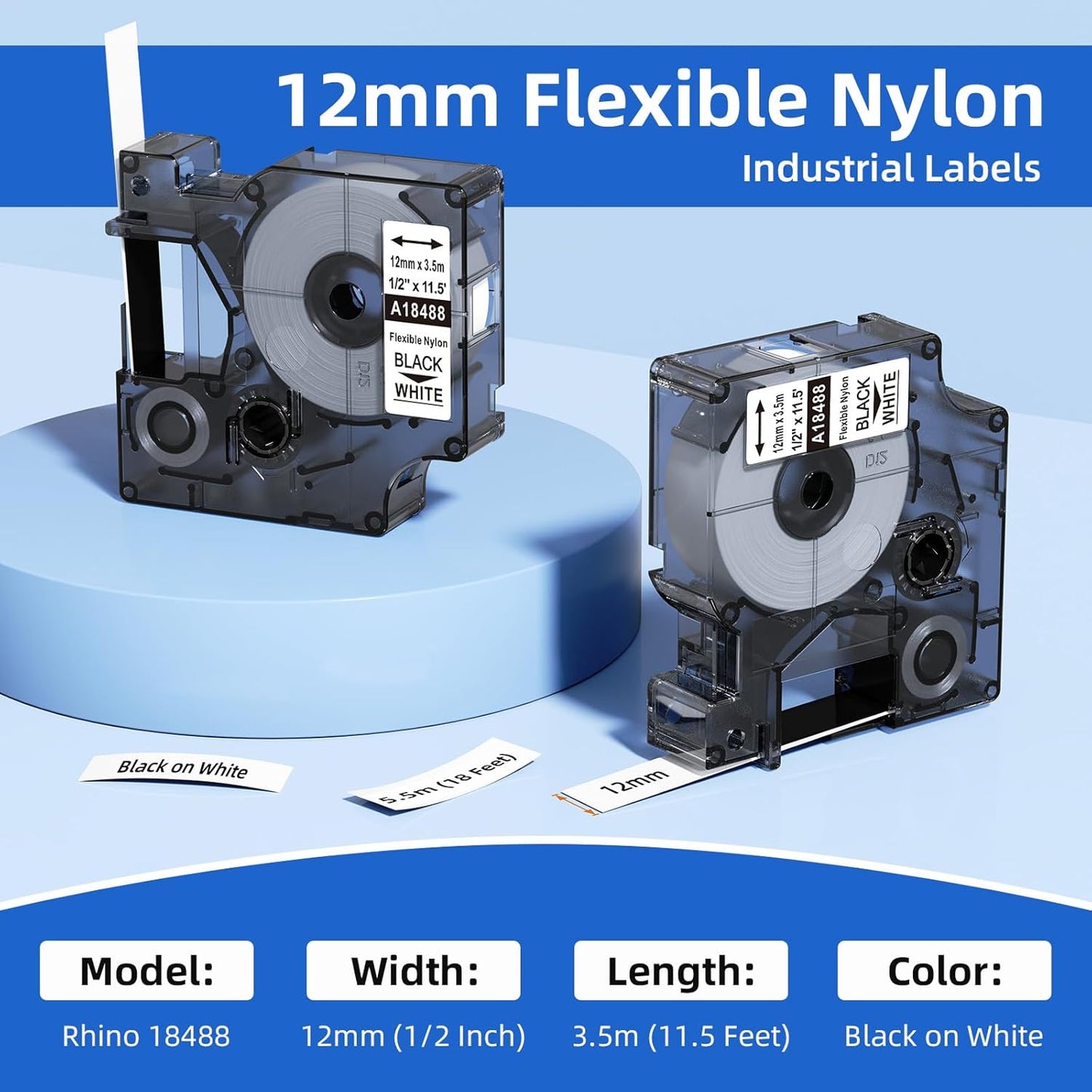 Compatible with DYMO Rhino 18488 18489 Nylon Label Tape, Flexible Industrial Labels, Black on White, 12mm & 19mm Width Options