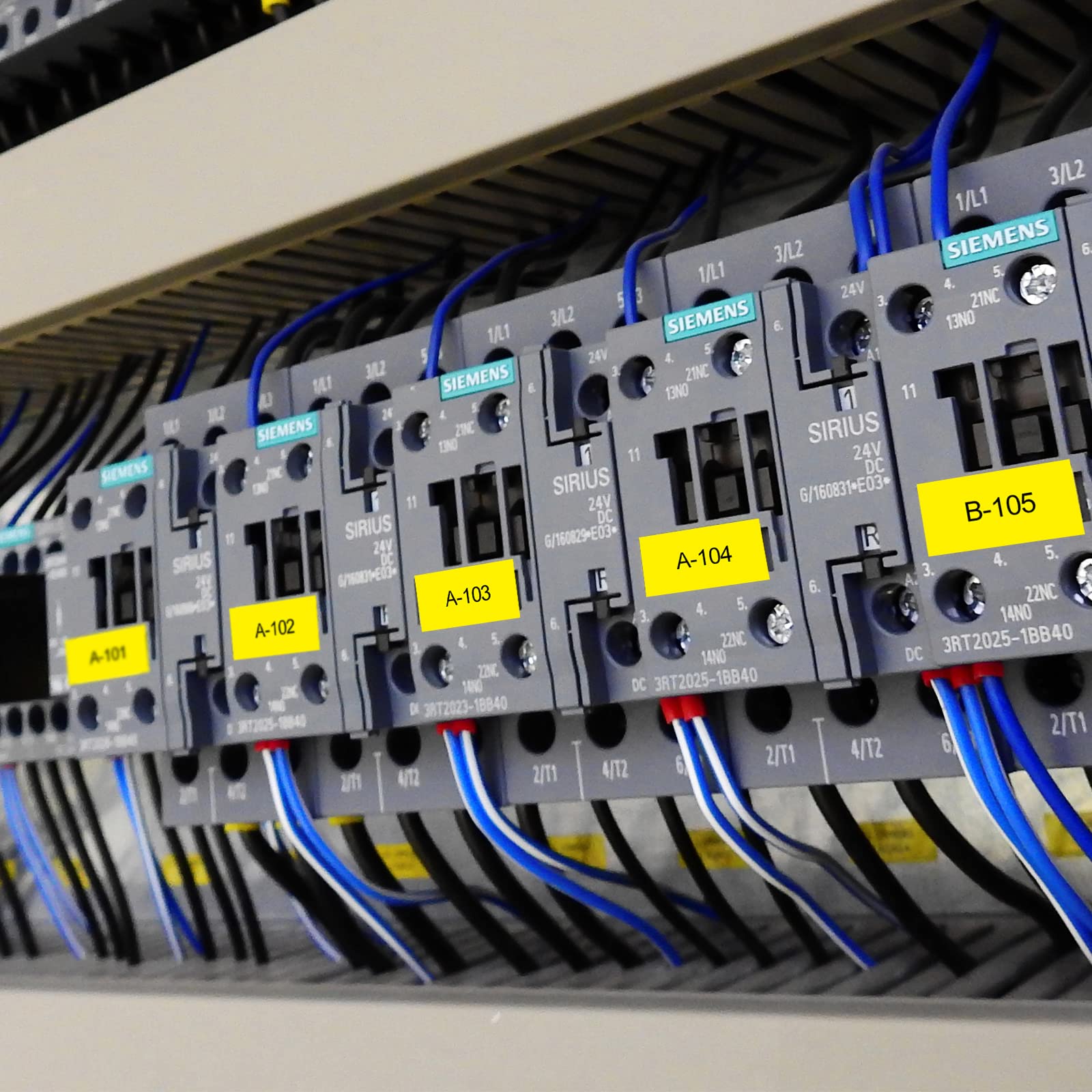 COLORTY Rhino heavy-duty industrial adhesive labels for Siemens SIRIUS contactor cabinet asset tagging, yellow coded nameplates A101 A102 A103 A104 B105 on electrical control components for factory equipment asset management