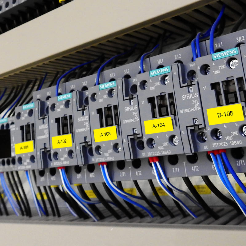 COLORTY Rhino heavy-duty industrial adhesive labels for Siemens SIRIUS contactor cabinet asset tagging, yellow coded nameplates A101 A102 A103 A104 B105 on electrical control components for factory equipment asset management
