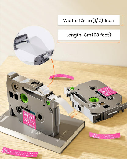 Pink Label Maker Tape Replacement for Brother P-Touch Label Tape TZe-MQP35 | White on Berry Pink TZ 12mm 0.47 Laminated Matte for Ptouch PT-D210 D220 H100 H103w H110 D400 D600, 12mmx 8m 26.2ft, 3 Pack