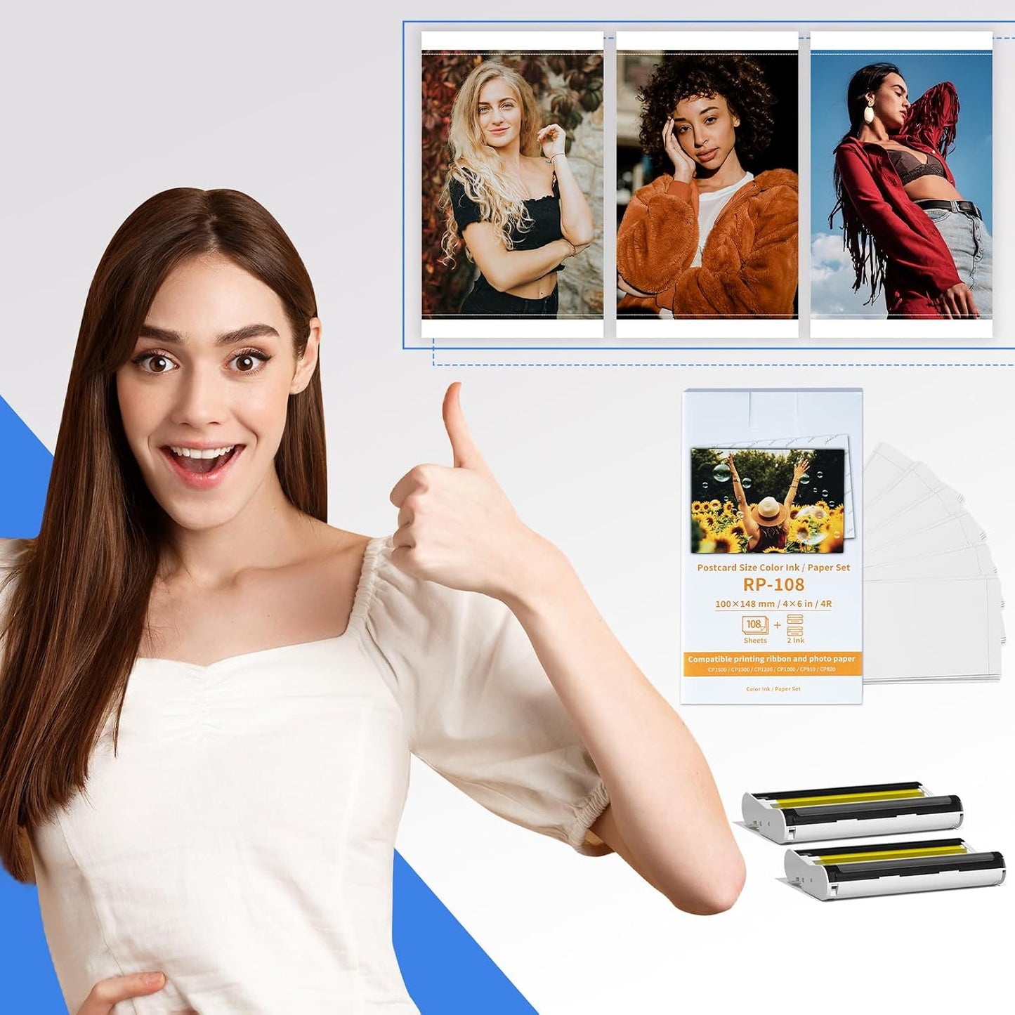 Compatible with Canon Selphy CP1500 RP-108 Color Ink Cartridge/Photo Paper RP-108IN 4" x 6" Glossy Photo Paper, for Selphy CP1500 CP1300 CP1200 CP1000 CP910, 2 Ink Cassette + 108 Photo Papers
