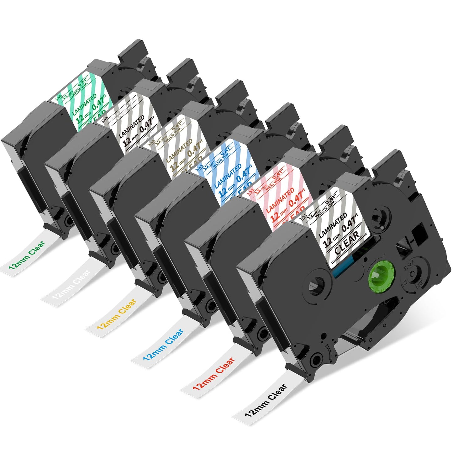 Compatible Replacement for Brother TZe Clear Label Tape Series – 12mm Transparent Tape, 6 Assorted Text Colors (Black/Red/Blue/Gold/White/Green), Laminated & Durable, for PT‑D210/PT‑D400/PT‑P750W