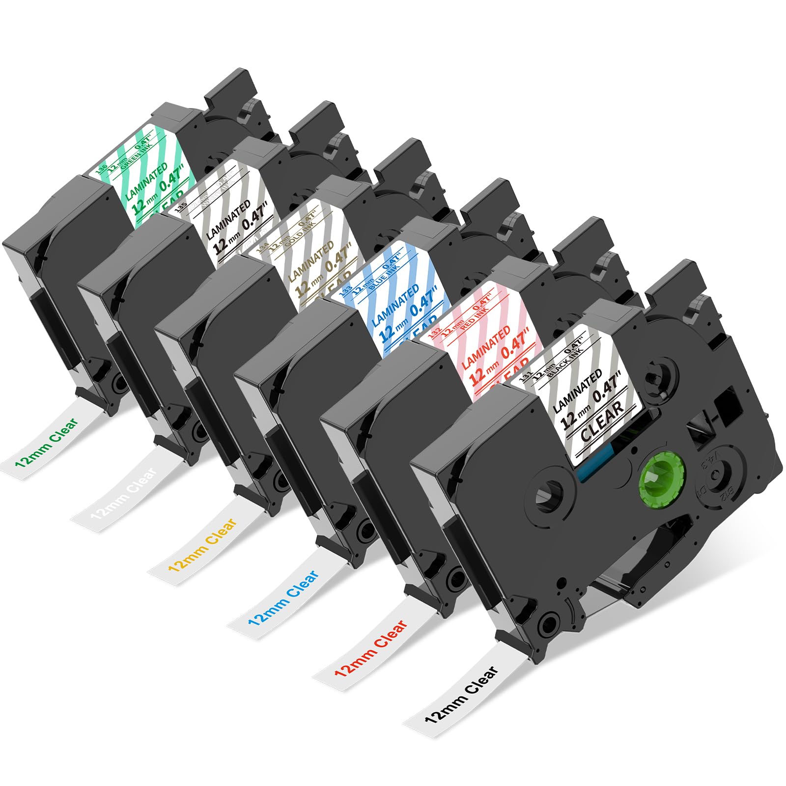 Compatible Replacement for Brother TZe Clear Label Tape Series – 12mm Transparent Tape, 6 Assorted Text Colors (Black/Red/Blue/Gold/White/Green), Laminated & Durable, for PT‑D210/PT‑D400/PT‑P750W