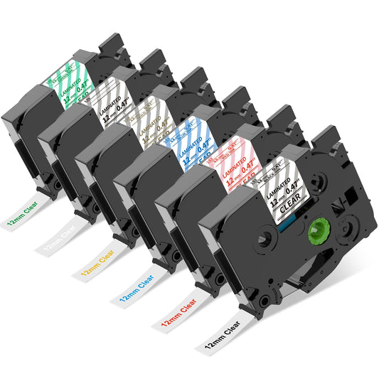 Compatible Replacement for Brother TZe Clear Label Tape Series – 12mm Transparent Tape, 6 Assorted Text Colors (Black/Red/Blue/Gold/White/Green), Laminated & Durable, for PT‑D210/PT‑D400/PT‑P750W