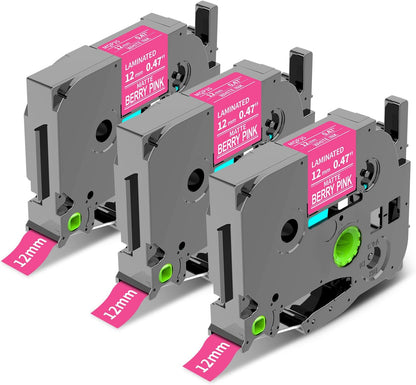 Brother P‑touch TZe‑MQP35 Compatible 12mm Pink Laminated Label Tape – White on Pink, 3 Rolls x 8m, for PT‑D210/PT‑D400/PT‑P750W