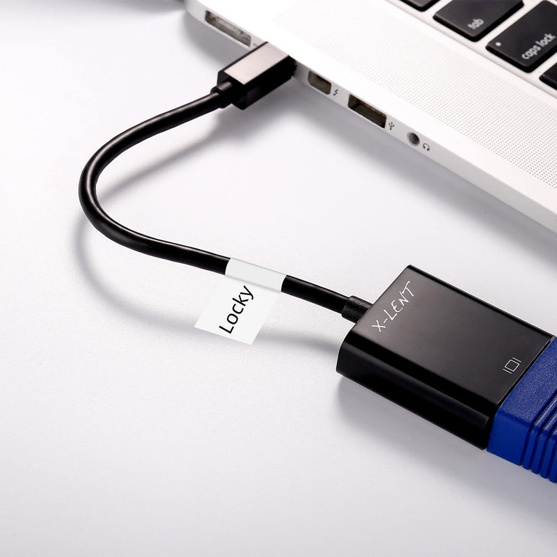  COLORTY D1 self-adhesive wrap cable labels for office peripheral cord management, custom text printed tags mark laptop USB data cables to distinguish different device connections at the desktop workspace