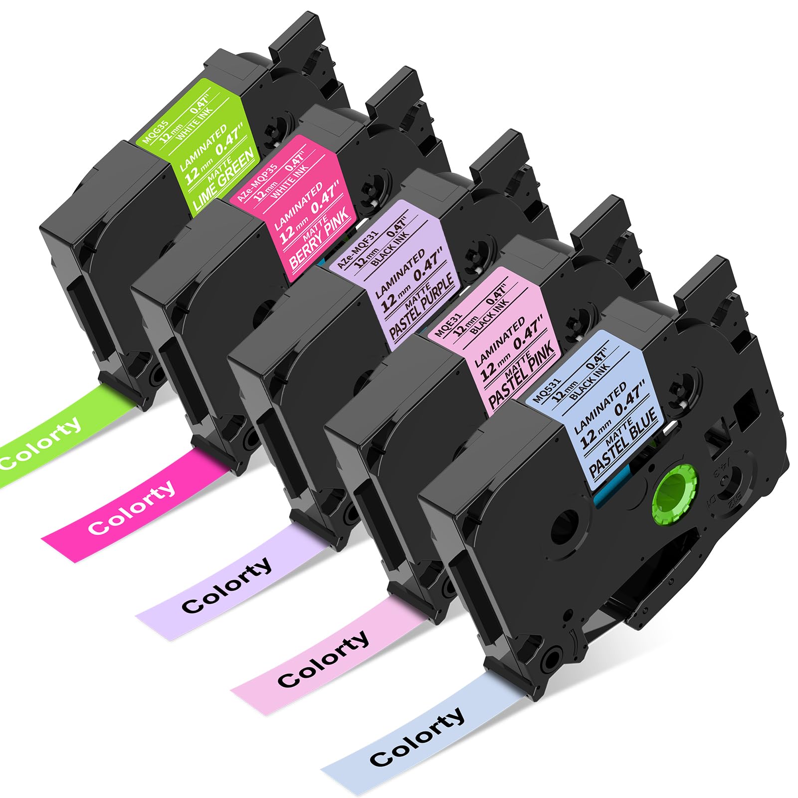 Compatible Replacement for Brother TZe-MQ Series 12mm Color Label Tape 5‑Pack – Assorted Colors (Pastel Pink/Pastel Blue/Pastel Purple with Black Text, Berry Pink/Lime Green with White Text), Laminated & Durable, for PT‑D210/PT‑D600/PT‑P750W