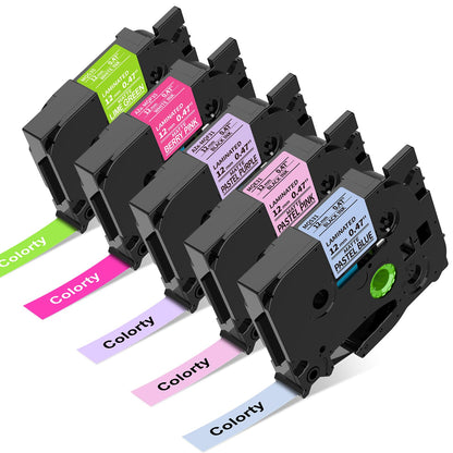 Compatible Replacement for Brother TZe-MQ Series 12mm Color Label Tape 5‑Pack – Assorted Colors (Pastel Pink/Pastel Blue/Pastel Purple with Black Text, Berry Pink/Lime Green with White Text), Laminated & Durable, for PT‑D210/PT‑D600/PT‑P750W