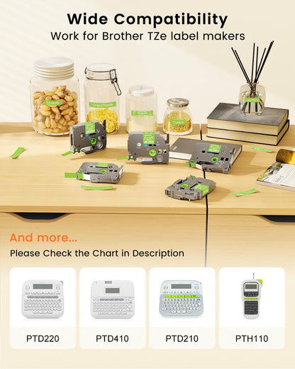 TZe-MQG35 Label Maker Tape Replacement for Brother P-Touch Label Tape | White on Lime Green TZe TZ 12mm 0.47" Laminated Matte for Ptouch PT-D210 D220 D200, 12 mm(1/2 Inch) x 8m(26.2ft), 3 Pack
