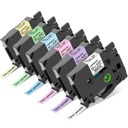 Compatible Replacement for Brother TZe-231 12mm Pastel Color Label Tape Set – 6 Assorted Colors (White/Pastel Purple/Pastel Blue/Lemon Yellow/Pastel Pink/Mint Green) with Black Text, Laminated & Durable, for PT‑D210/PT‑D400/PT‑P750W