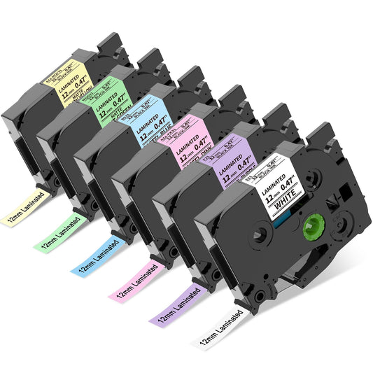 Compatible Replacement for Brother TZe-231 12mm Pastel Color Label Tape Set – 6 Assorted Colors (White/Pastel Purple/Pastel Blue/Lemon Yellow/Pastel Pink/Mint Green) with Black Text, Laminated & Durable, for PT‑D210/PT‑D400/PT‑P750W