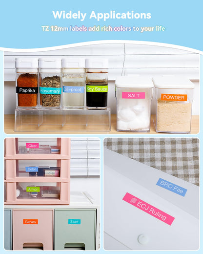 Multi-scene usage examples of colored 12mm TZe label tape for home kitchen storage and office file labeling
