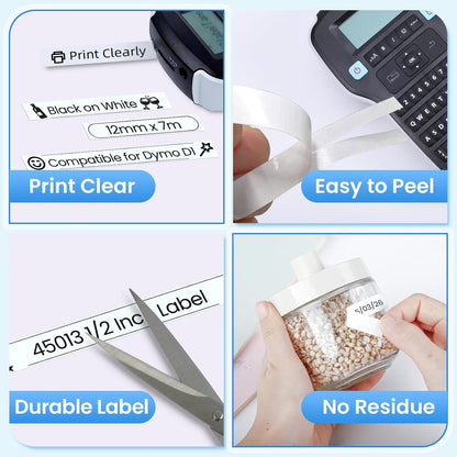 Compatible with DYMO D1 45013 Label Tape, 12mm Black on White Label Maker Refills, 1/2 Inch x 23 Ft (7m), Replacement Tape for DYMO LabelManager
