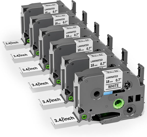 Brother P‑touch TZe‑241 Compatible 18mm White Laminated Label Tape – Black on White, 8m Roll, 6 pack for PT‑D400/PT‑D600/PT‑P710BT