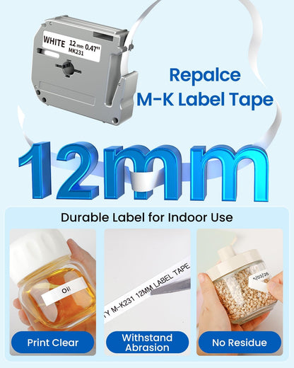 Compatible with Brother P Touch M Tape M-K231 12mm 1/2" White Label Tape | MK231 M-K231S M231 M-231 1/2" 12mm Black on White, for PTouch Label Maker PT-M95 PT-90 PT-80 PT-70 PT-65 PT-45