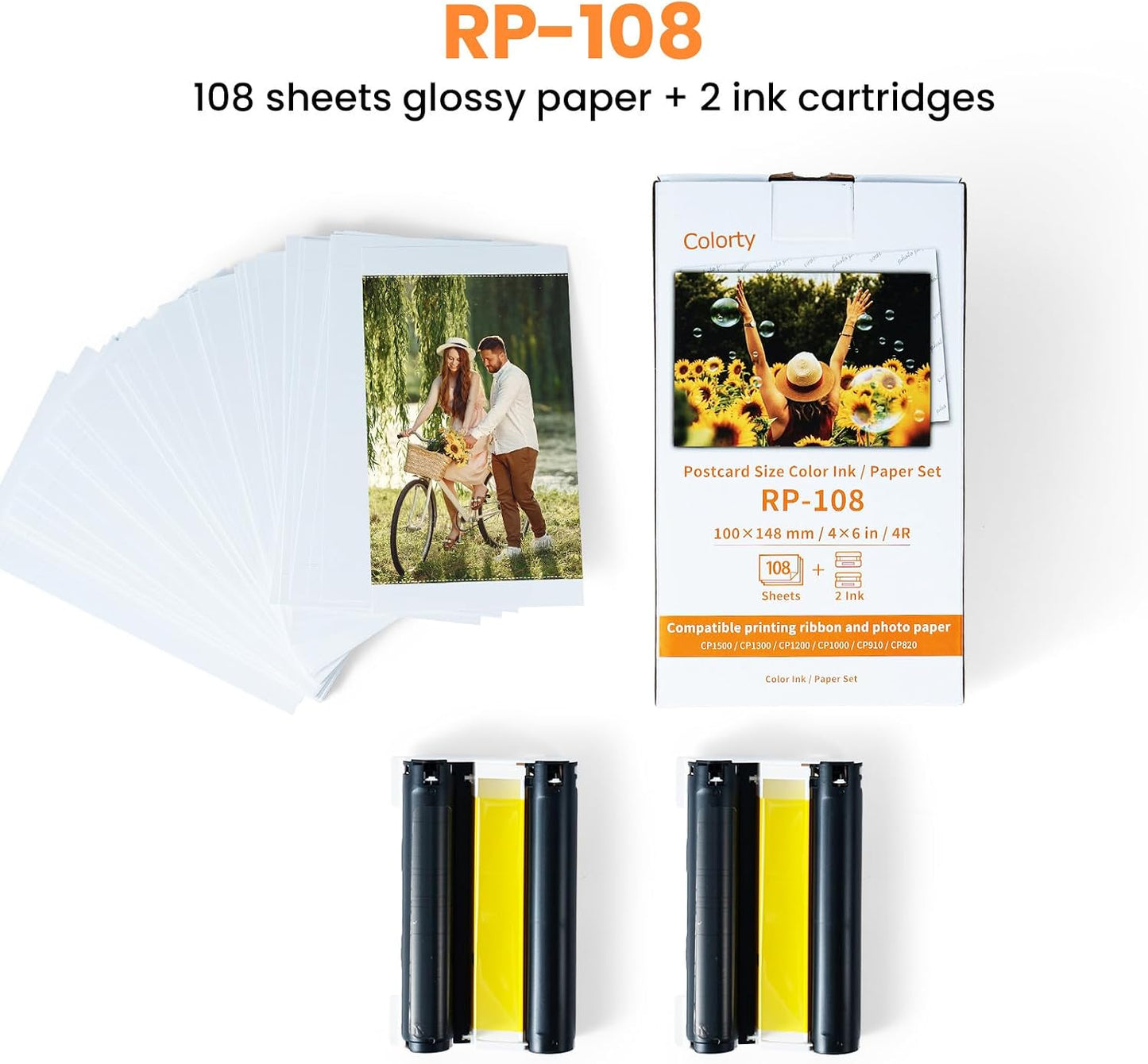 Compatible with Canon Selphy CP1500 RP-108 Color Ink Cartridge/Photo Paper RP-108IN 4" x 6" Glossy Photo Paper, for Selphy CP1500 CP1300 CP1200 CP1000 CP910, 2 Ink Cassette + 108 Photo Papers