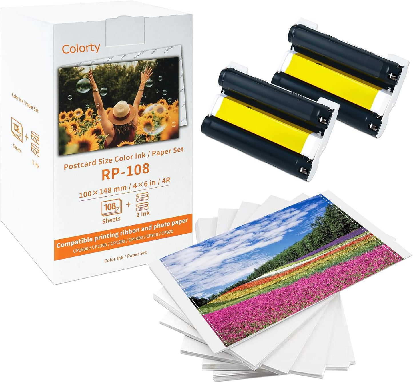 Compatible with Canon Selphy CP1500 RP-108 Color Ink Cartridge/Photo Paper RP-108IN 4" x 6" Glossy Photo Paper, for Selphy CP1500 CP1300 CP1200 CP1000 CP910, 2 Ink Cassette + 108 Photo Papers