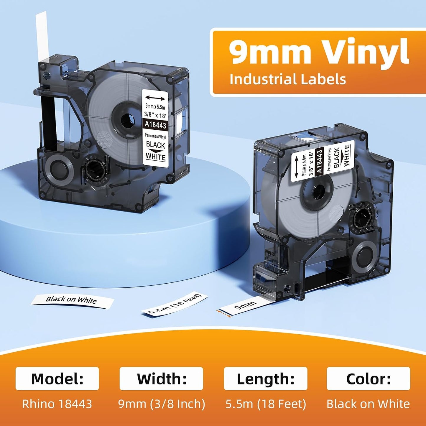 Compatible with Dymo Rhino 18443 9mm 3/8" x 18' Permanent Vinyl Label Tape Colorty a18443 9 mm Industrial Labels, Work for Rhino 1000 3000 4200 5000 5200 6000 Label Maker, Black on White, 5-Pack