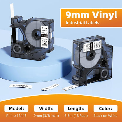 Compatible with Dymo Rhino 18443 9mm 3/8" x 18' Permanent Vinyl Label Tape Colorty a18443 9 mm Industrial Labels, Work for Rhino 1000 3000 4200 5000 5200 6000 Label Maker, Black on White, 5-Pack