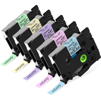 Compatible Replacement for Brother TZe-MQ Series 12mm Pastel Color Label Tape 5‑Pack – Assorted Colors (Pastel Blue/Pastel Pink/Pastel Purple/Mint Green/Lemon Yellow) with Black Text, Laminated & Durable, for PT‑D210/PT‑D600/PT‑P750W/PT-D200/PT-D400