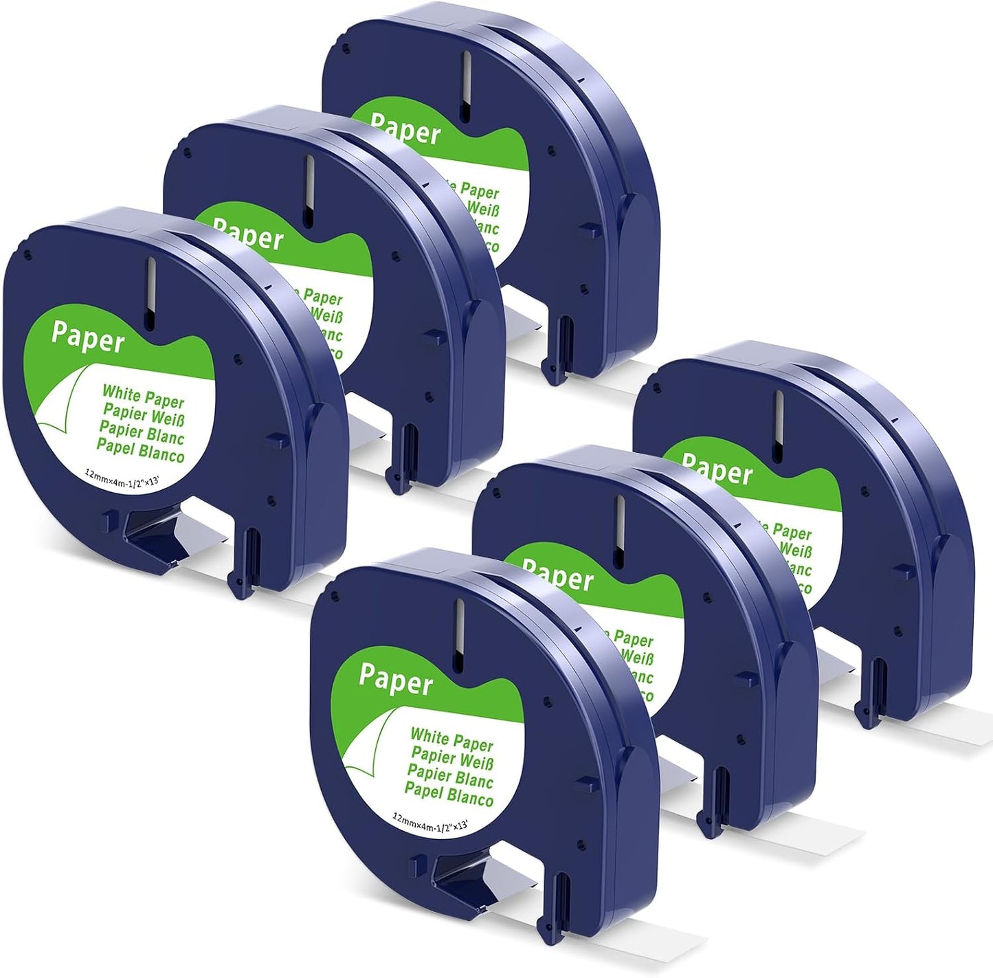 6-pack of COLORTY 91330 white paper label tape refills, compatible with Dymo LetraTag printer cartridges, isolated on a light green background.