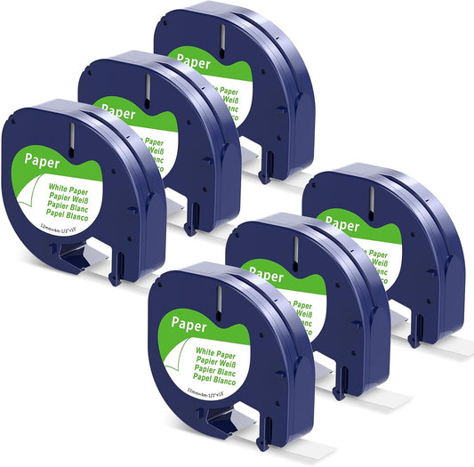 6-pack of COLORTY 91330 white paper label tape refills, compatible with Dymo LetraTag printer cartridges, isolated on a light green background.