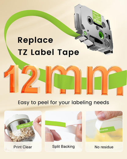 TZe-MQG35 Label Maker Tape Replacement for Brother P-Touch Label Tape | White on Lime Green TZe TZ 12mm 0.47" Laminated Matte for Ptouch PT-D210 D220 D200, 12 mm(1/2 Inch) x 8m(26.2ft), 3 Pack