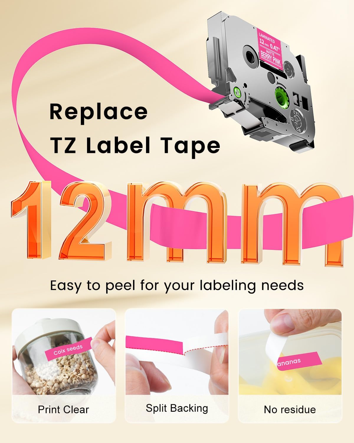 Pink Label Maker Tape Replacement for Brother P-Touch Label Tape TZe-MQP35 | White on Berry Pink TZ 12mm 0.47 Laminated Matte for Ptouch PT-D210 D220 H100 H103w H110 D400 D600, 12mmx 8m 26.2ft, 3 Pack