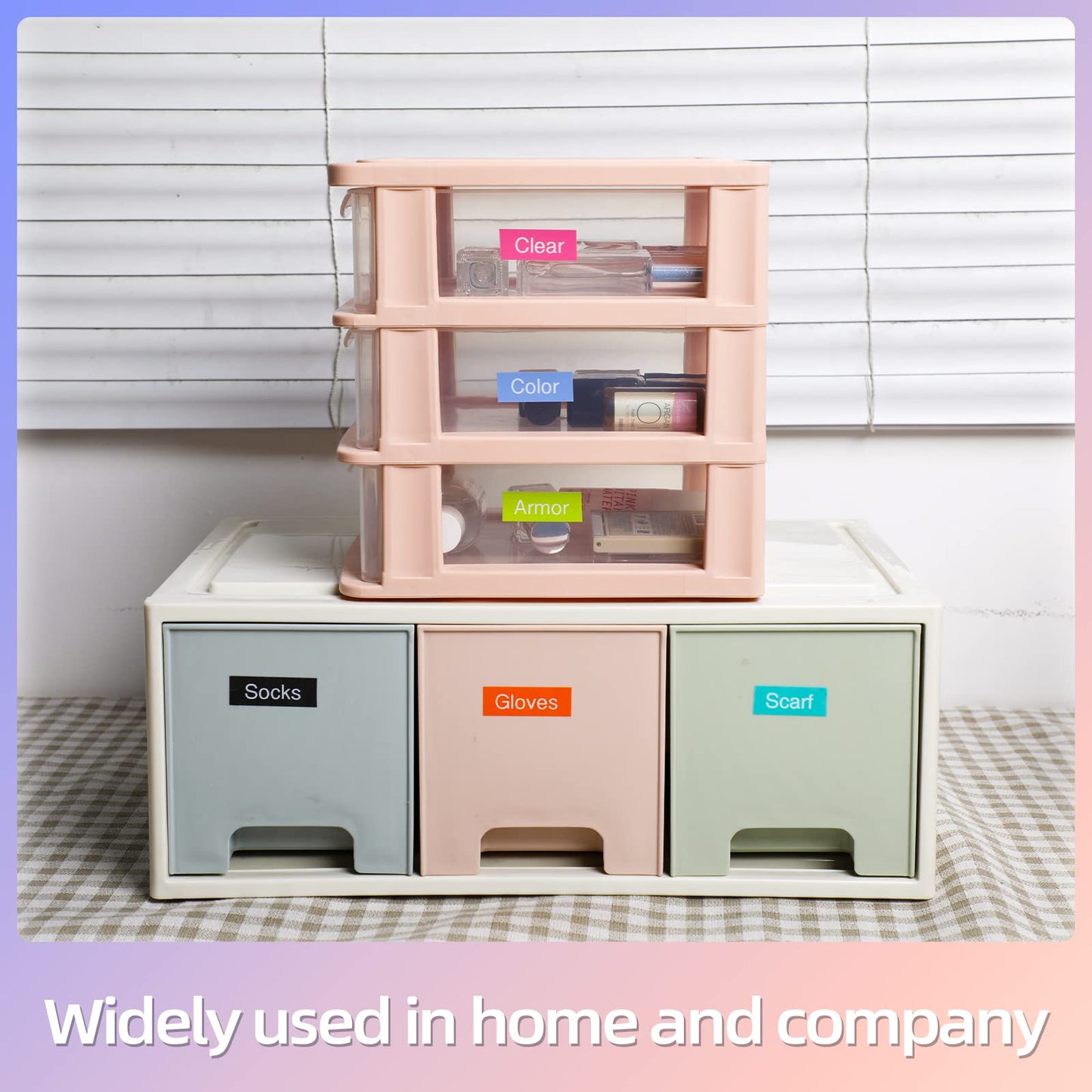 Home storage drawer labeling example with 12mm colored TZe laminated label tape for Brother P-Touch, colorful tags marking socks, gloves, scarf, clear, color, armor plastic drawers, multi-purpose home office organization labels