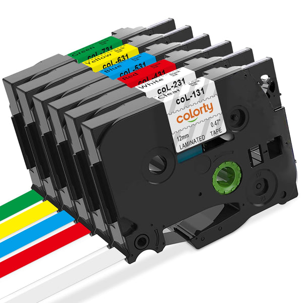 Compatible Replacement for Brother P‑touch 12mm Color Label Tape 6‑Pack – Assorted Colors (Clear/White/Red/Blue/Yellow/Green) with Black Text, Laminated & Durable, for PT‑D210/PT‑D600/PT‑P750W & More Printers