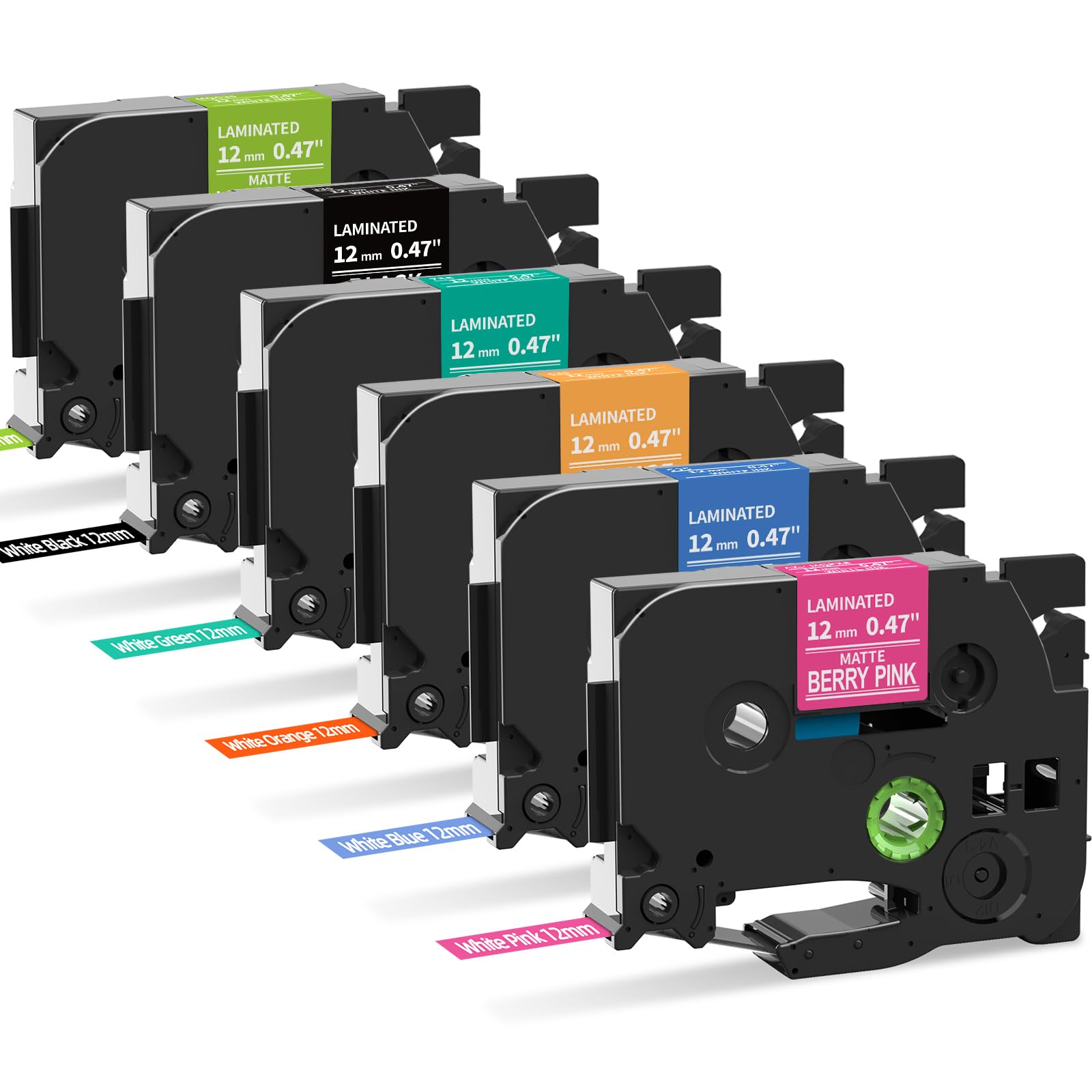 Compatible Replacement for Brother TZe-MQP35 12mm Color Label Tape 6‑Pack – Assorted Colors (Berry Pink/Blue/Yellow/Green/Black/Lime Green) with White Text, Laminated & Durable, for PT‑D210/PT‑D600/PT‑P750W & More Printers