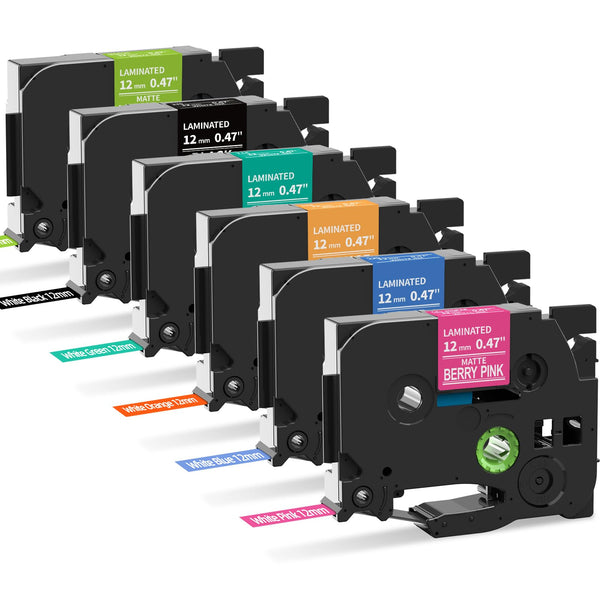 Compatible Replacement for Brother TZe-MQP35 12mm Color Label Tape 6‑Pack – Assorted Colors (Berry Pink/Blue/Yellow/Green/Black/Lime Green) with White Text, Laminated & Durable, for PT‑D210/PT‑D600/PT‑P750W & More Printers