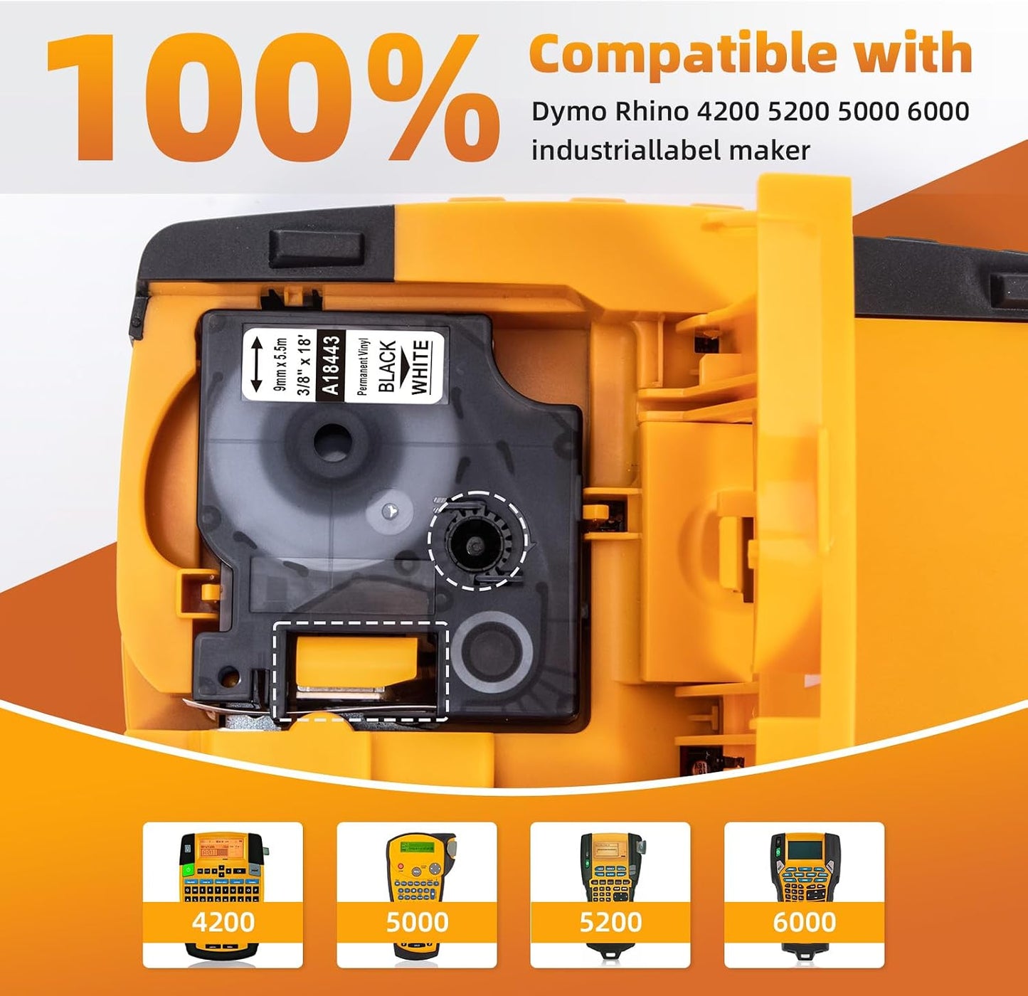 Compatible with Dymo Rhino 18443 9mm 3/8" x 18' Permanent Vinyl Label Tape Colorty a18443 9 mm Industrial Labels, Work for Rhino 1000 3000 4200 5000 5200 6000 Label Maker, Black on White, 5-Pack