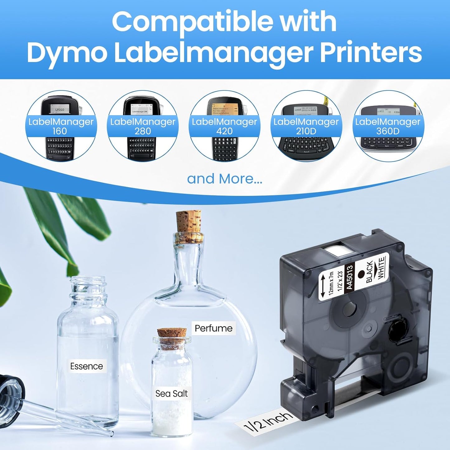 Compatible with DYMO D1 45013 Label Tape, 12mm Black on White Label Maker Refills, 1/2 Inch x 23 Ft (7m), Replacement Tape for DYMO LabelManager