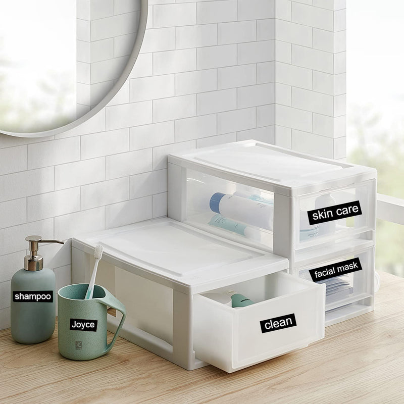COLORTY oil water resistant label tape bathroom vanity storage scene, identification stickers on skincare, facial mask & cleaning supply plastic drawers for washroom sorting