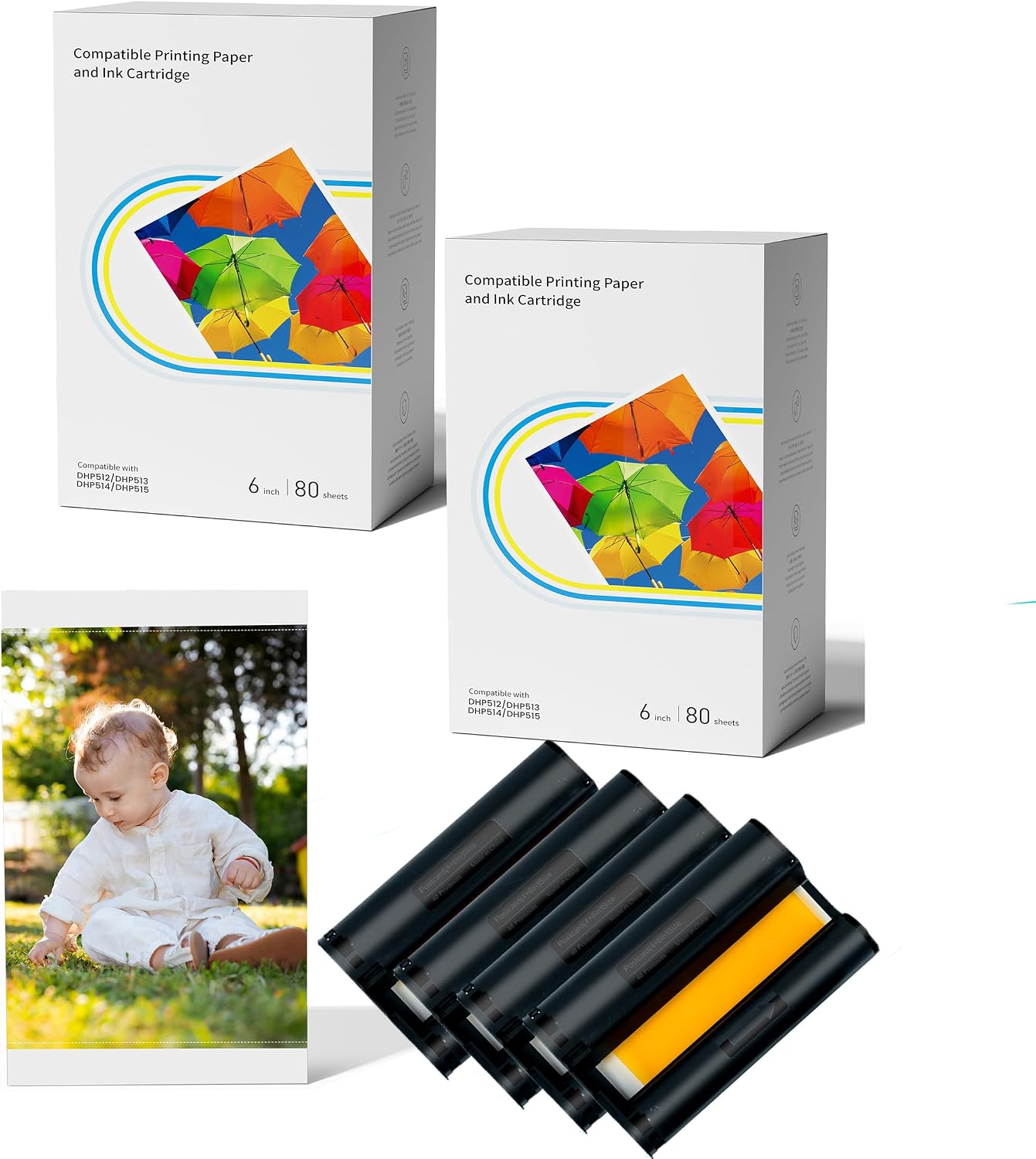 Compatible Replacement for Liene Amber 4x6 Photo Paper Ultimate Value Bundle – 160 Sheets + 4 Ink Cartridges, High‑Quality Dye‑Sublimation Prints, for Amber Series Printers (M100/M200/M110/M210 & DHP512‑515)
