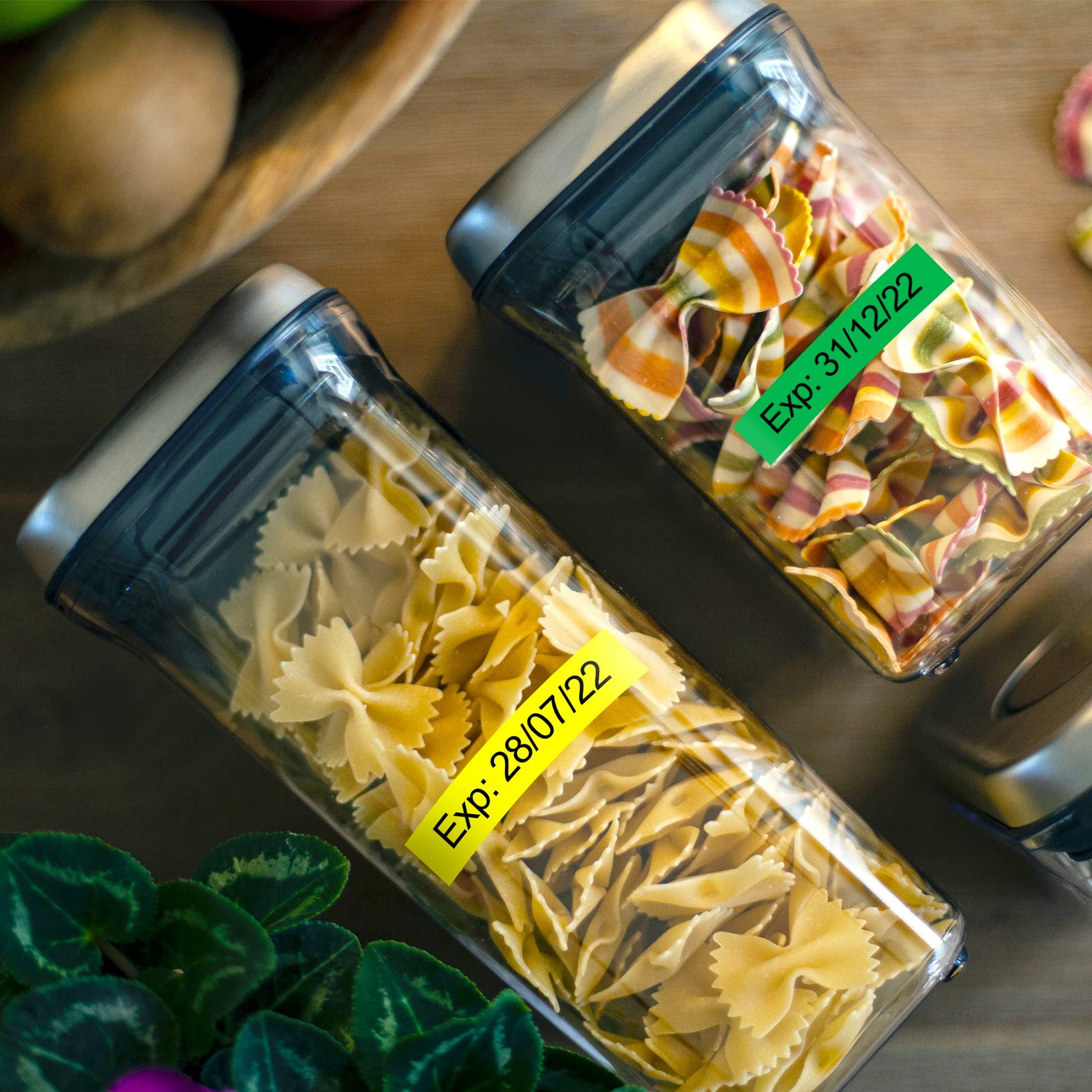 COLORTY self-adhesive laminated label tape kitchen pasta jar expiry marking, colorful waterproof date stickers on airtight dry food canisters for pantry grain storage