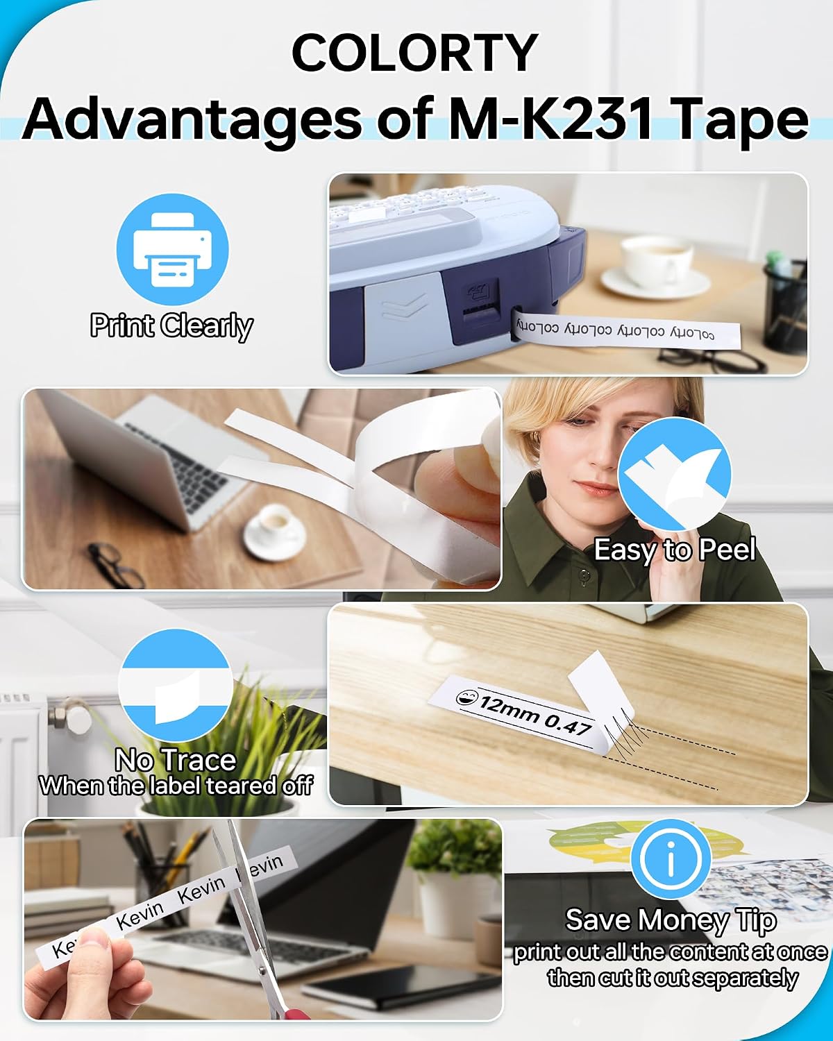 COLORTY M-K231S Compatible Label Tape 12mm 6 Pack Color Combo for Brother P-touch PT-65 PT-70 PT-M95 PT-80 PT-90