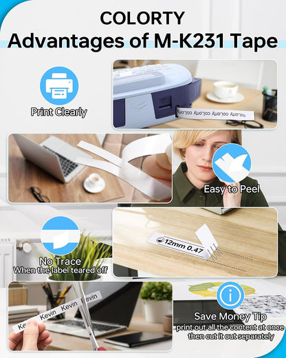 COLORTY M-K231S Compatible Label Tape 12mm 6 Pack Color Combo for Brother P-touch PT-65 PT-70 PT-M95 PT-80 PT-90