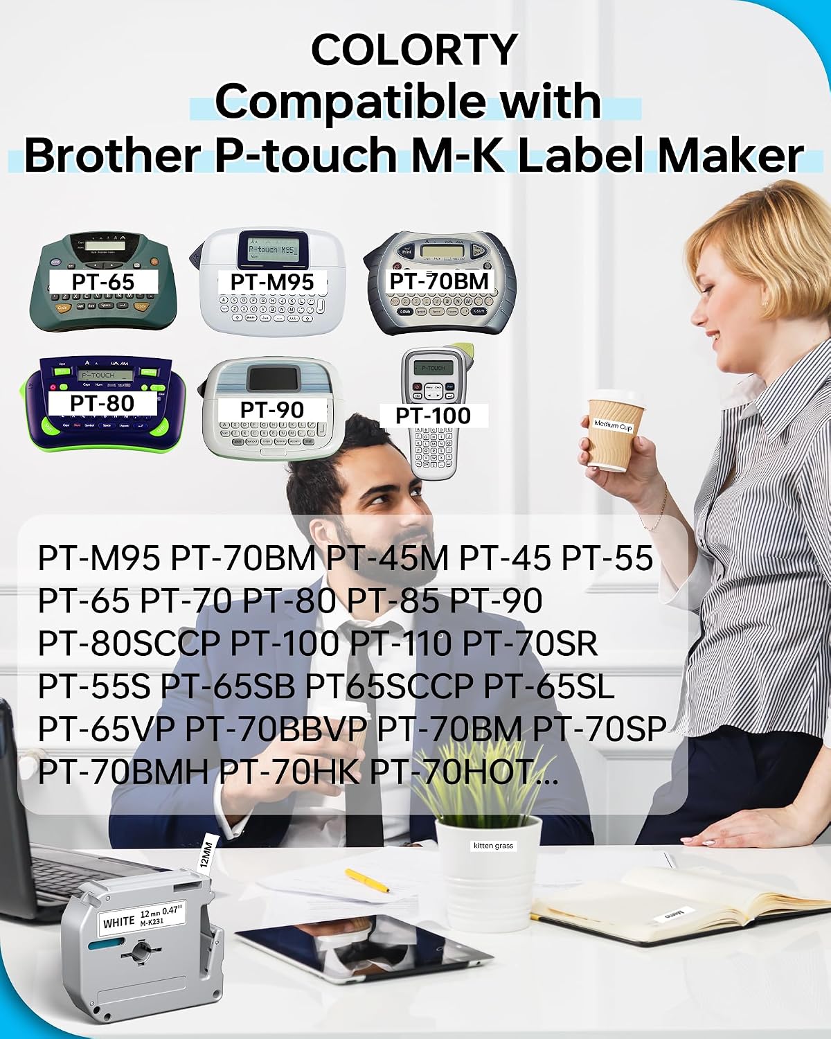 COLORTY M-K231S Compatible Label Tape 12mm 6 Pack Color Combo for Brother P-touch PT-65 PT-70 PT-M95 PT-80 PT-90