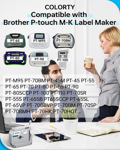 COLORTY M-K231S Compatible Label Tape 12mm 6 Pack Color Combo for Brother P-touch PT-65 PT-70 PT-M95 PT-80 PT-90