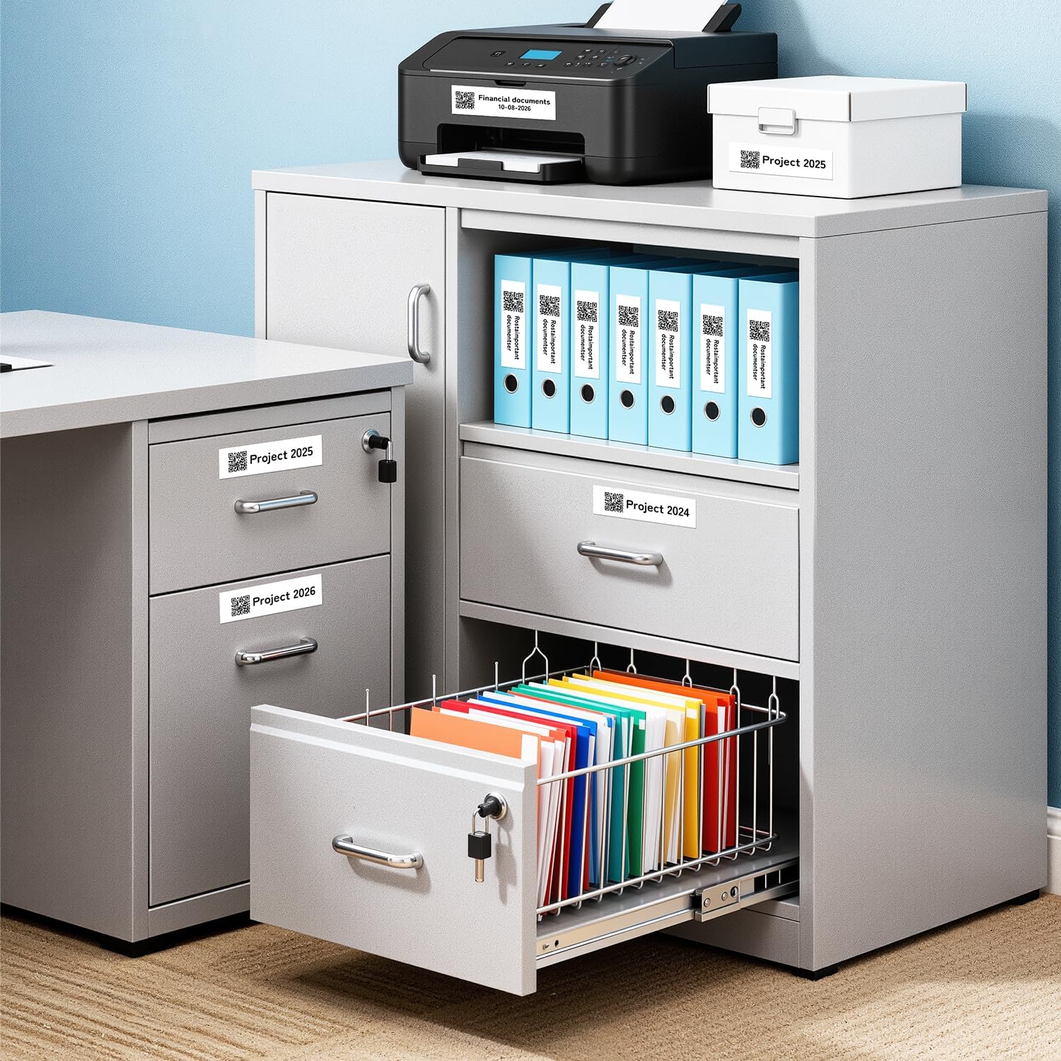 Label tape for organizing office supplies, files and workspace storage