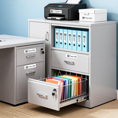 Label tape for organizing office supplies, files and workspace storage