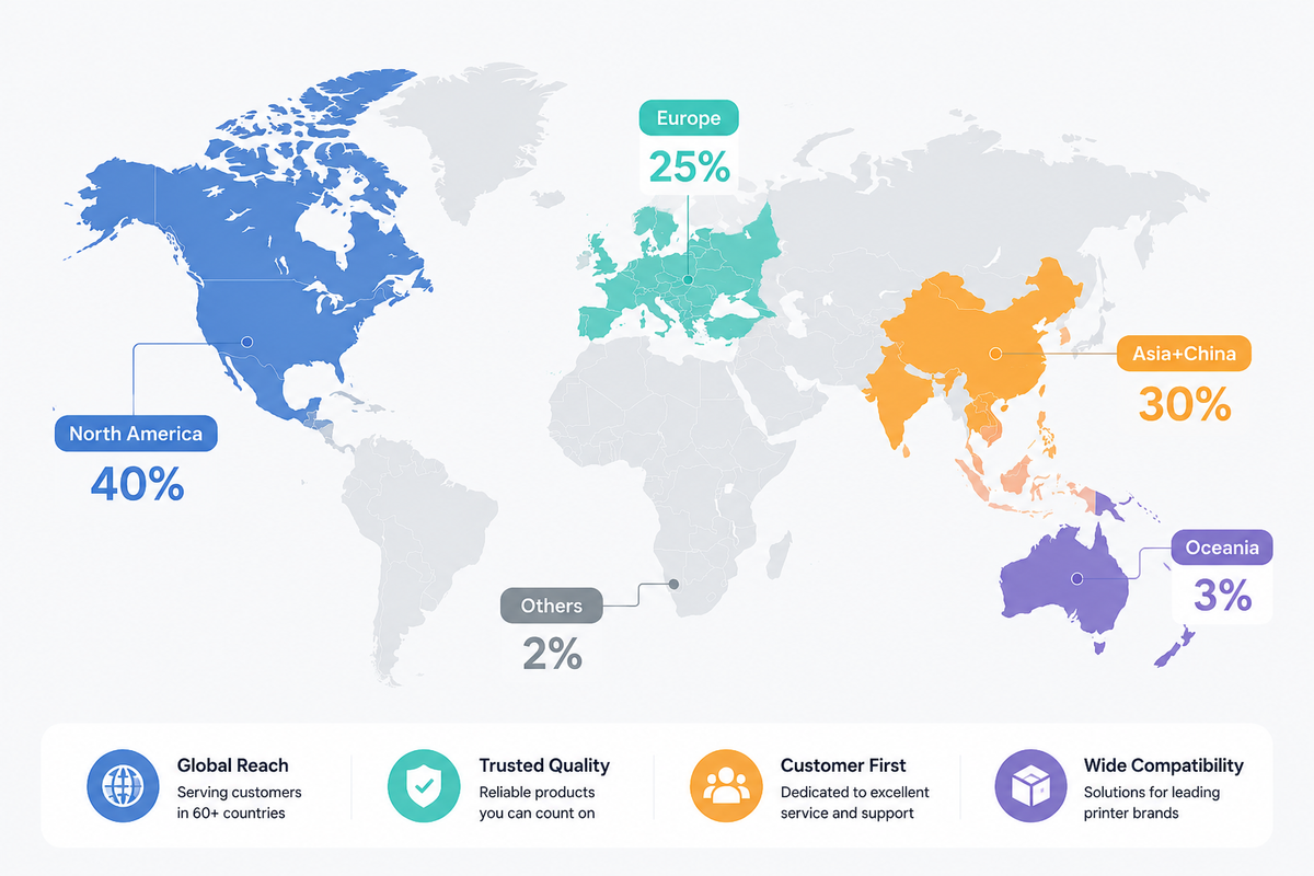 Colorty global market distribution world map infographic for adhesive label products, market share: North America 40%, Asia+China 30%, Europe 25%, Oceania 3%, other regions 2%; highlights global business coverage across 60+ countries, trusted label quality, customer-oriented service and full compatibility with mainstream label printer brands