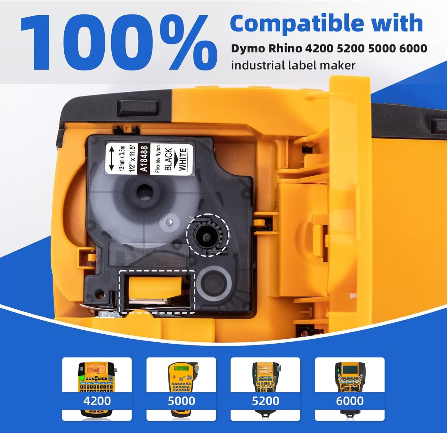 DYMO 18488 compatible 12mm flexible nylon label tape for Rhino 4200, 5000, 5200 and 6000